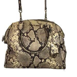Michael Kors Riley Black Tan Beige Python Embossed Leather Satchel Crossbody
